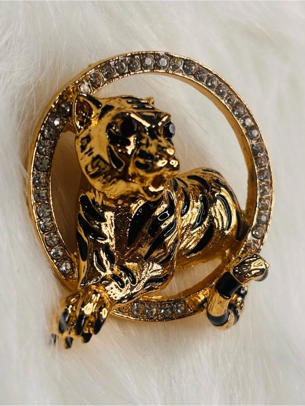 Gold & Black Tiger Rhinestone Brooch